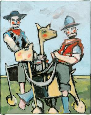 Ilmtal-Cowboys, Acryl, Buntstift, Edding und Tempera auf Leinwand, 30x24cm, 2021