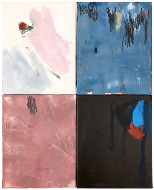 O.T., Acryl und Edding auf Leinwand,vierteilig a 30x24cm, gesamt 60x48cm, 2021.