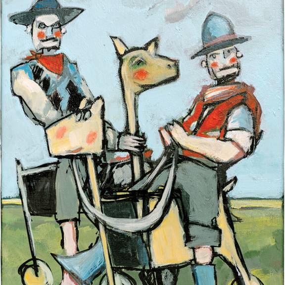 Ilmtal-Cowboys, Acryl, Buntstift, Edding und Tempera auf Leinwand, 30x24cm, 2021 ©Marc Illing Ilmtal-Cowboys, Acryl, Buntstift, Edding und Tempera auf Leinwand, 30x24cm, 2021